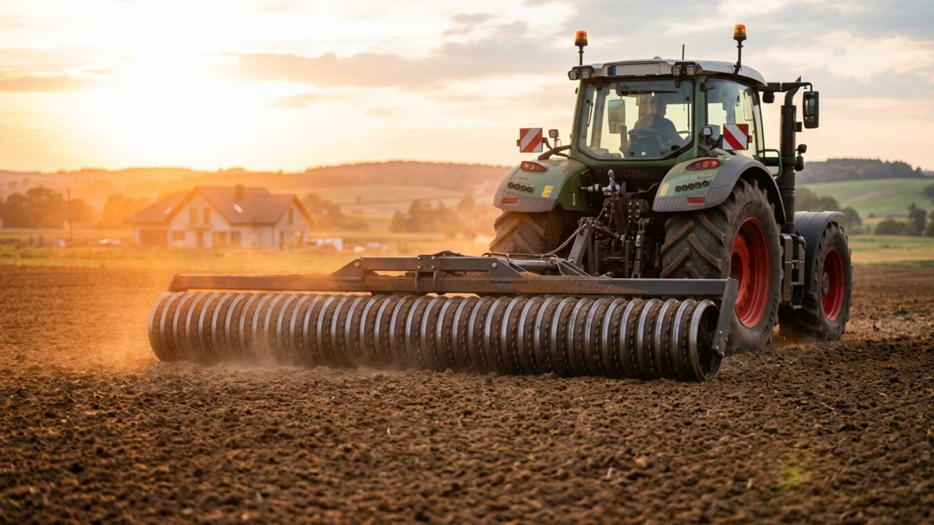 Dynamiczny przejazd nowoczesnego ciągnika z wałem Cambridge podczas zachodu słońca